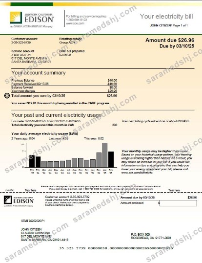 USA Southern California Edison utility bill template in Word and PDF formats, version 2